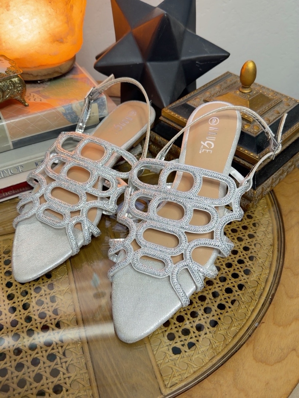 Rouge Helium Silver Rhinestone Cutout Slingback Flats Size 9